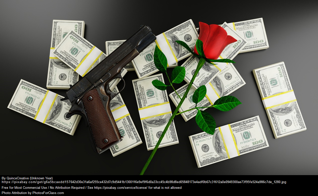 Money with gun and rose illustrate the methods of control abusers use